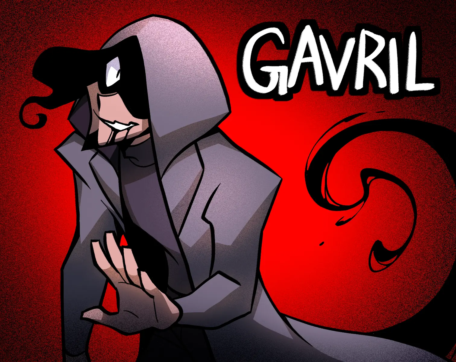 Hooded figure and red title artwork for Gavril