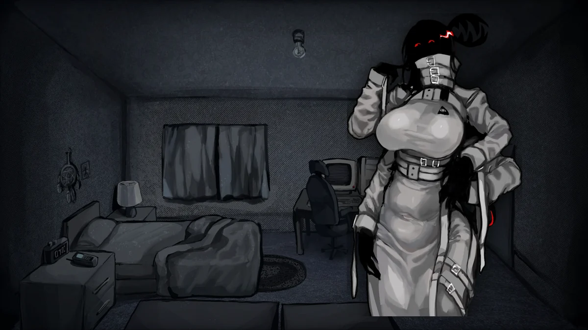 Sleep paralysis bedroom scene with a shadowy demon