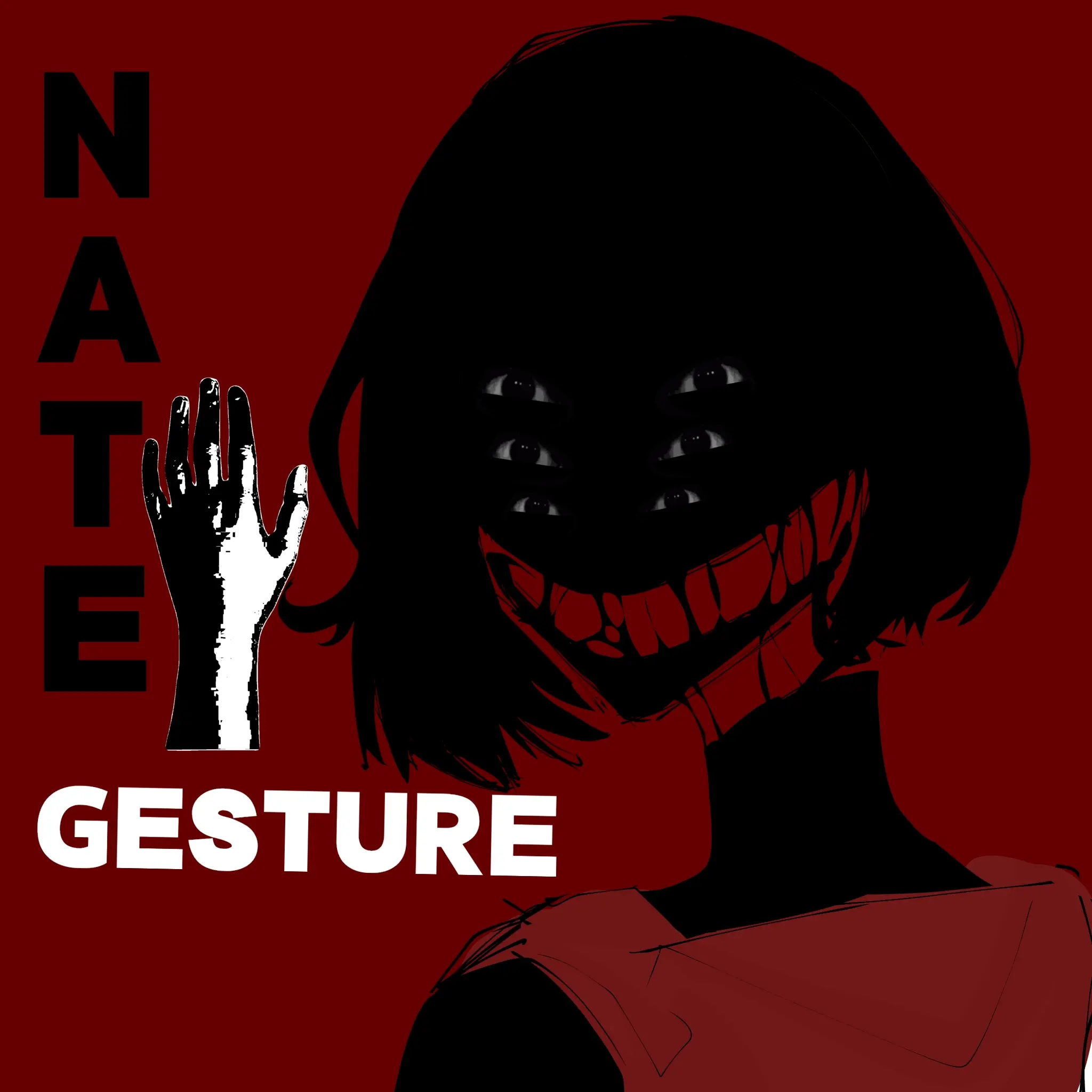 Red and black portrait artwork for Nate Hand Gesture